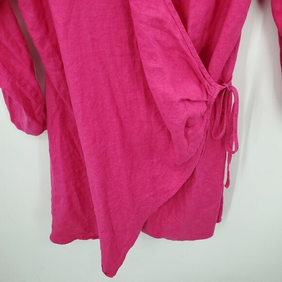 Mango 100% Linen Fuchsia/Barbie Pink Collared Wrap Dress 12 - Picture 10 of 16
